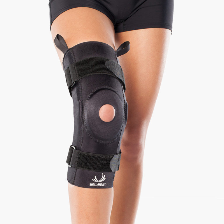 The BioSkin Hinged Knee Sleeve™ is a knee brace designed to provide compression and support to the knee joint.