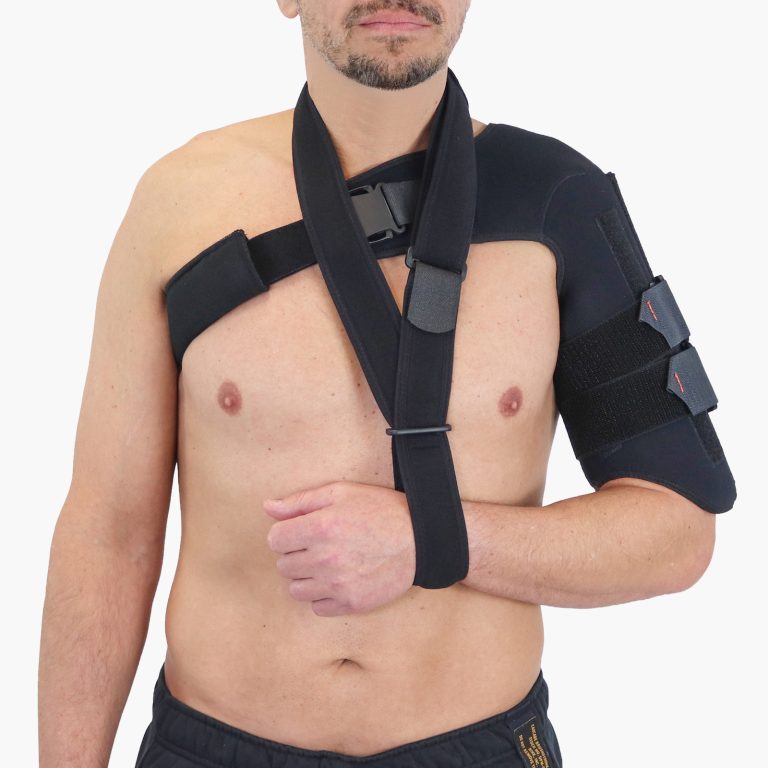 Front view of the Clasby Humeral Brace worn by a patient, featuring TheraCore® VA technology for stable humeral fracture management.