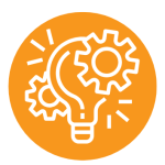 Digital technology icon featuring a stylised lightbulb integrated with mechanical gears.
