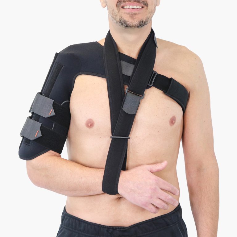 Front view of the Universal Clasby Humeral Brace worn by a patient, featuring TheraCore® VA technology for stable humeral fracture management.