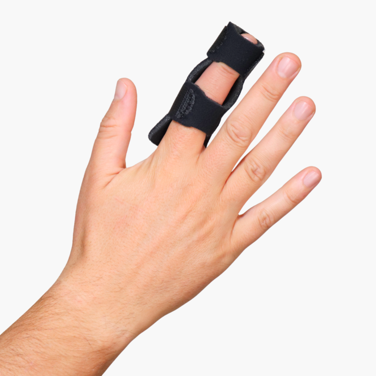 A person wearing a black TheraCore® Finger Splint on their index finger to provide stability and support.