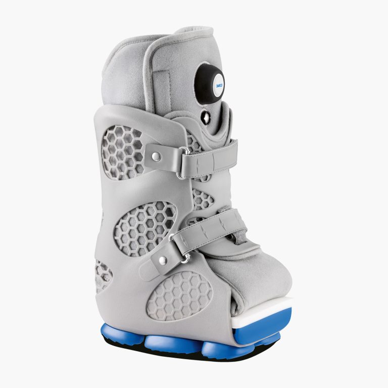 Side view of the Body Armor PFA Walker, a grey pneumatic orthosis with a thick PowerPod EVA outsole and integrated air pump for partial foot amputation recovery.