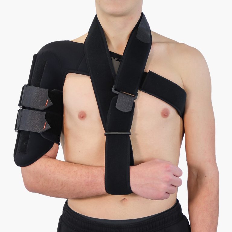 Front view of the Paediatric Clasby Humeral Brace worn by a patient, featuring TheraCore® VA technology for stable humeral fracture management.